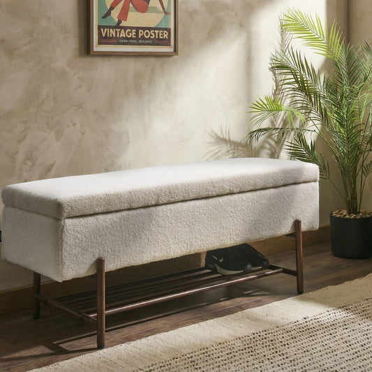Storage Bench Off White Boucle Upholstery Lift Up Top With Durable Metal Legs