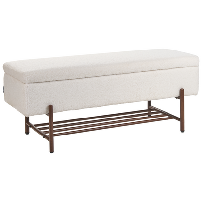 Storage Bench Off White Boucle Upholstery Lift Up Top With Durable Metal Legs