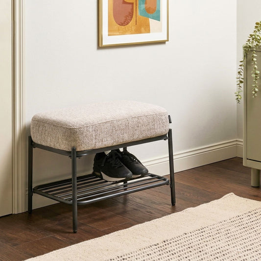 Beige Fabric Upholstered Shoe Bench With Shelf