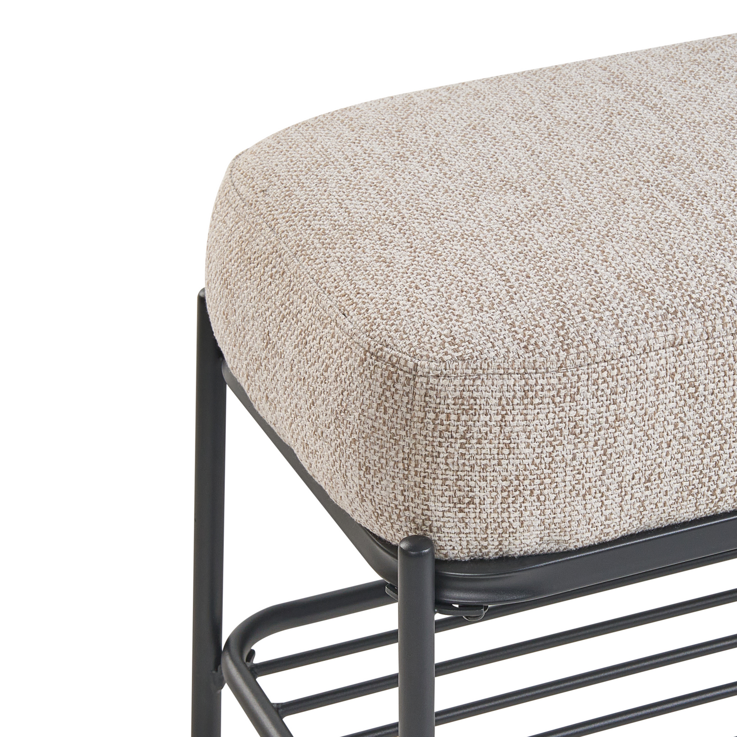 Beige Fabric Upholstered Shoe Bench With Shelf