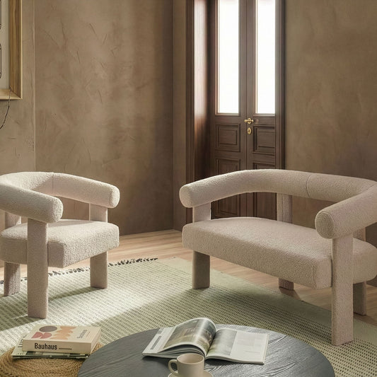 Sofa Set Light Beige Boucle 2 Seater Armchair Retro Design