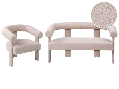 Sofa Set Light Beige Boucle 2 Seater Armchair Retro Design