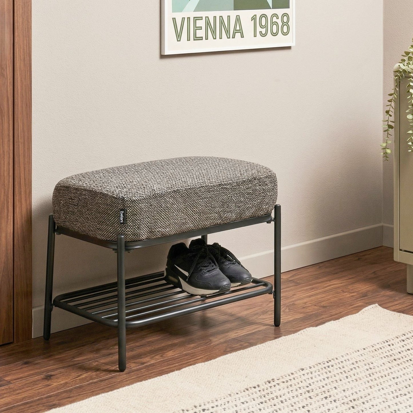 Shoe Bench Black Fabric Upholstered Hallway Seat With Shelf
