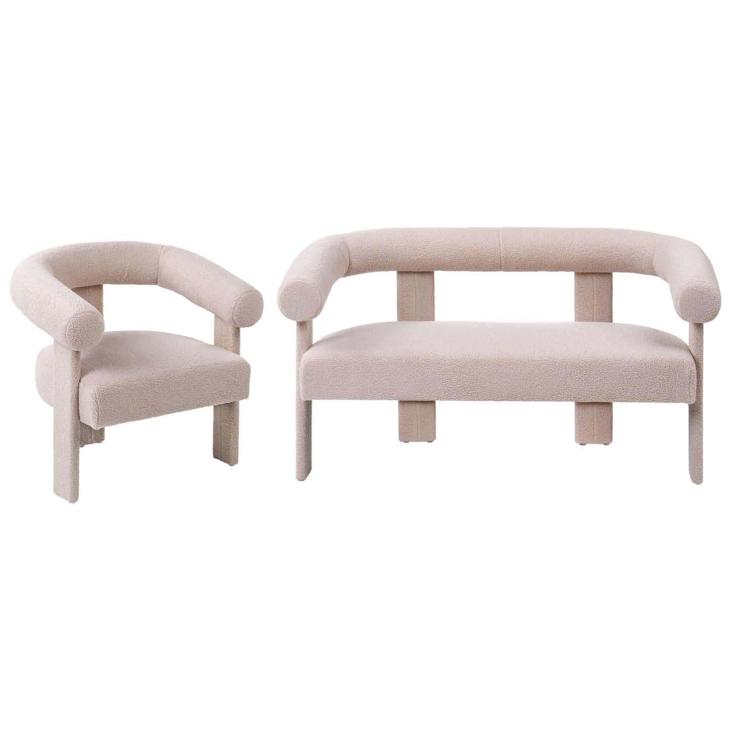 Sofa Set Light Beige Boucle 2 Seater Armchair Retro Design