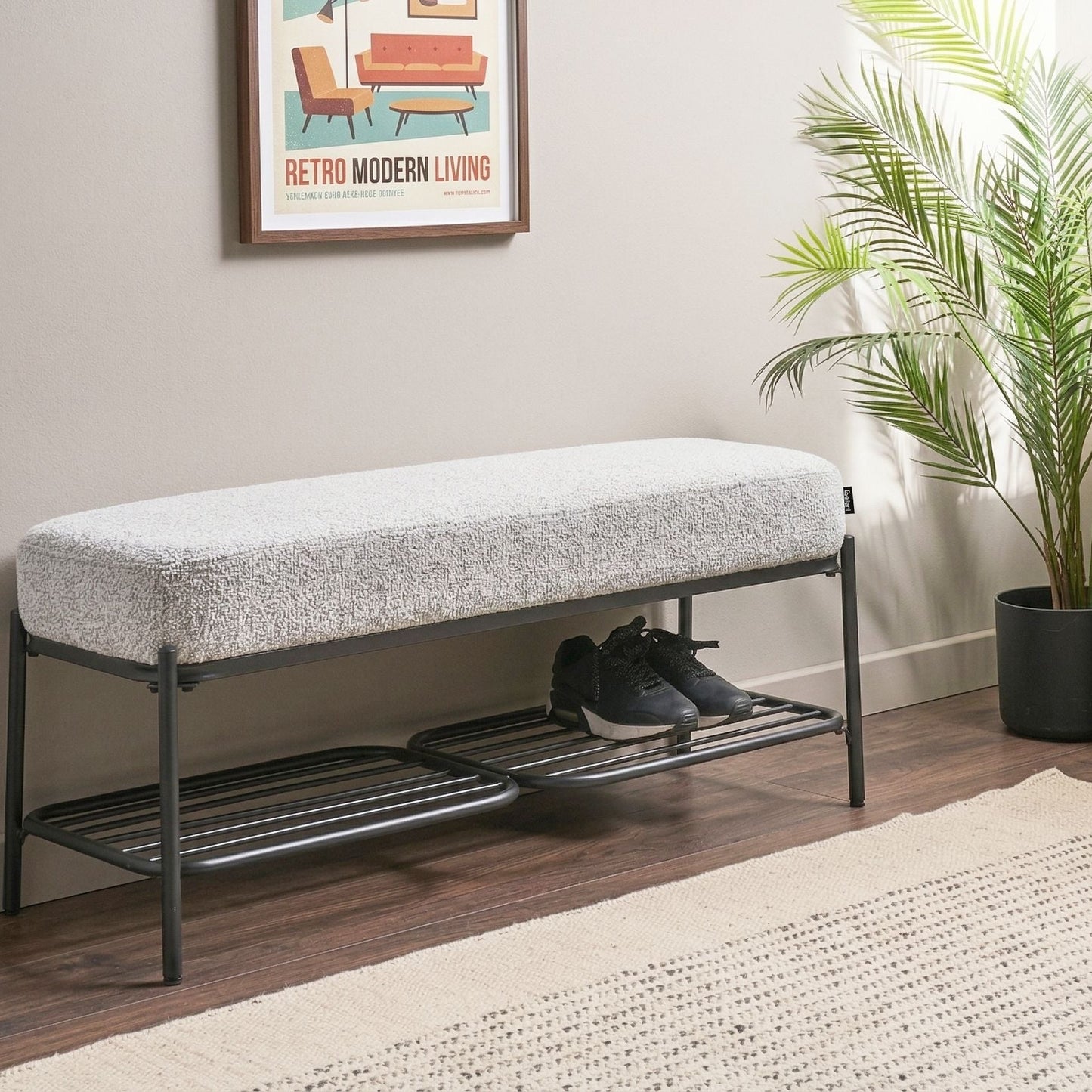 Grey Fabric Upholstered Shoe Bench With Shelf 100 x 36cm