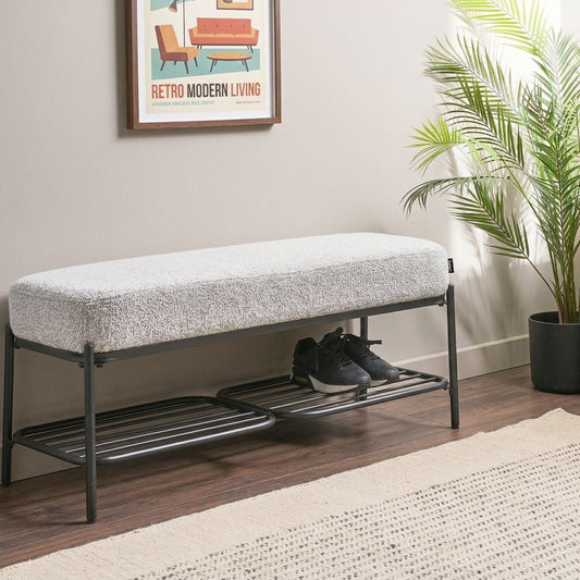 Grey Fabric Upholstered Shoe Bench With Shelf 100 x 36cm