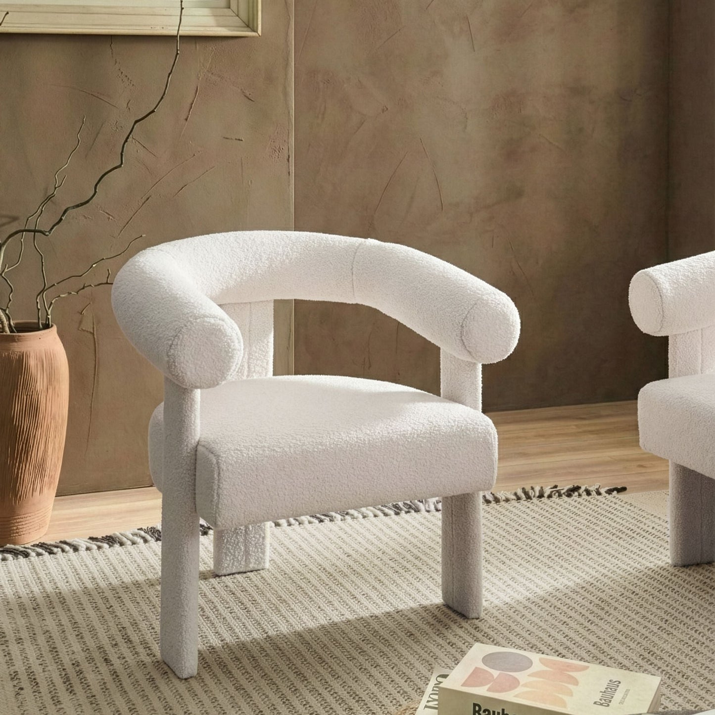 Armchair Light Off White Boucle Upholstery Retro Design With Rubberwood Legs For Living Room