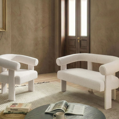Retro Boucle Sofa Set 2 Seater Armchair Off White