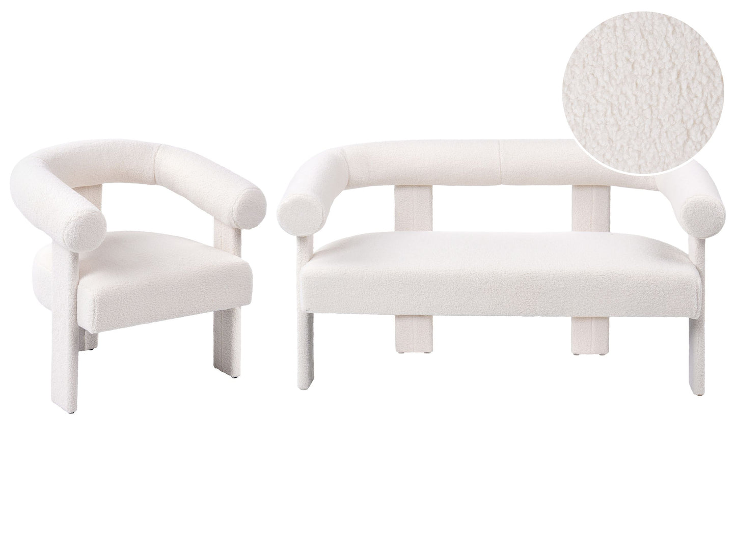 Retro Boucle Sofa Set 2 Seater Armchair Off White