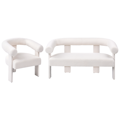 Retro Boucle Sofa Set 2 Seater Armchair Off White