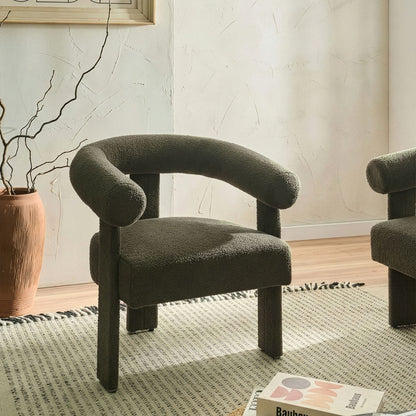 Armchair Green Boucle Retro Design With Rubberwood Legs