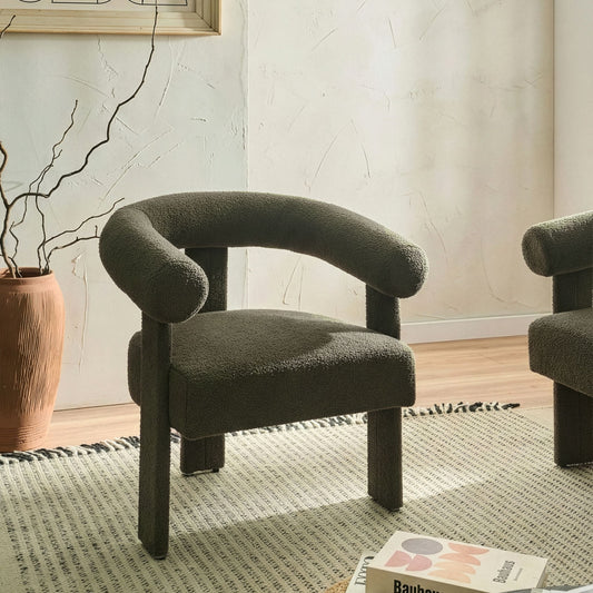 Armchair Green Boucle Retro Design With Rubberwood Legs