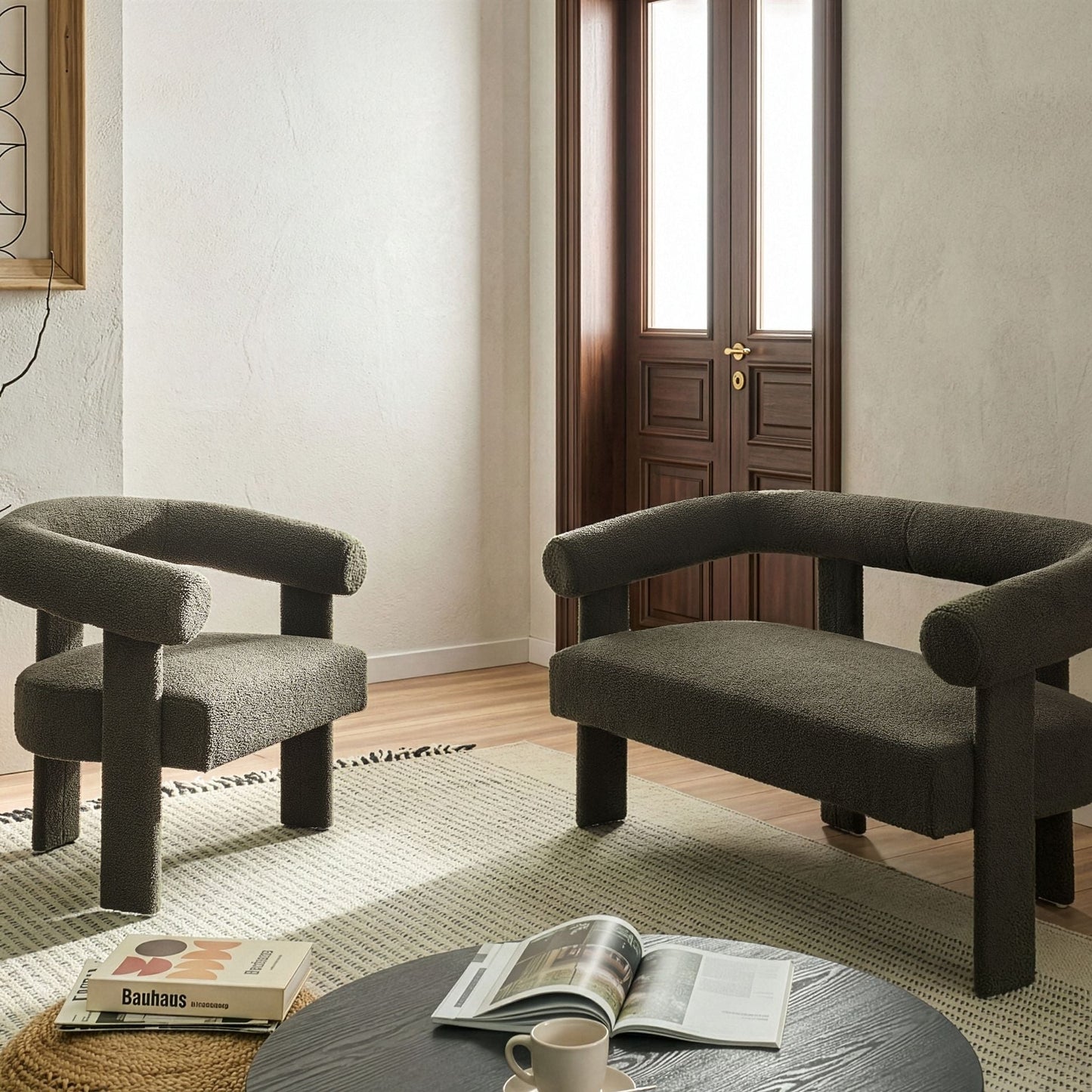 Upholstered Green Boucle Retro 2 Seater Sofa Set Armchair