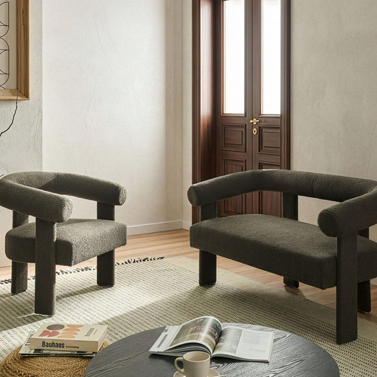 Upholstered Green Boucle Retro 2 Seater Sofa Set Armchair