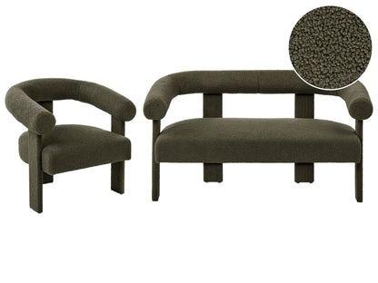 Upholstered Green Boucle Retro 2 Seater Sofa Set Armchair
