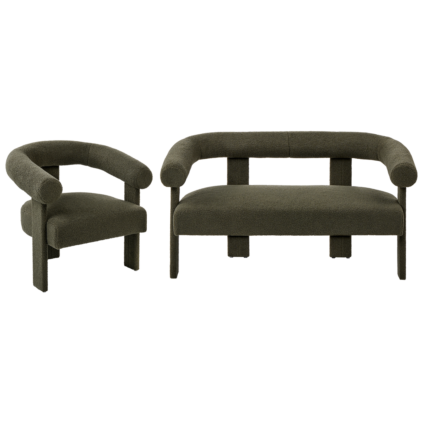 Upholstered Green Boucle Retro 2 Seater Sofa Set Armchair