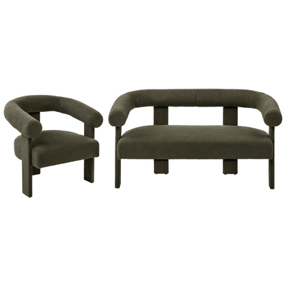 Upholstered Green Boucle Retro 2 Seater Sofa Set Armchair