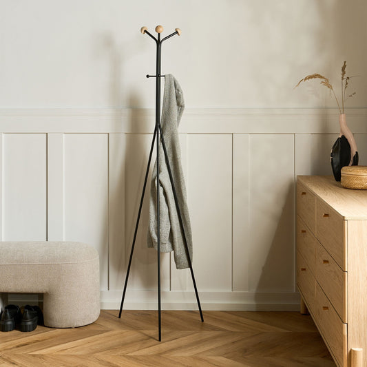 Coat Rack Black Steel 176cm Tripod Wooden Accents 6 Hooks