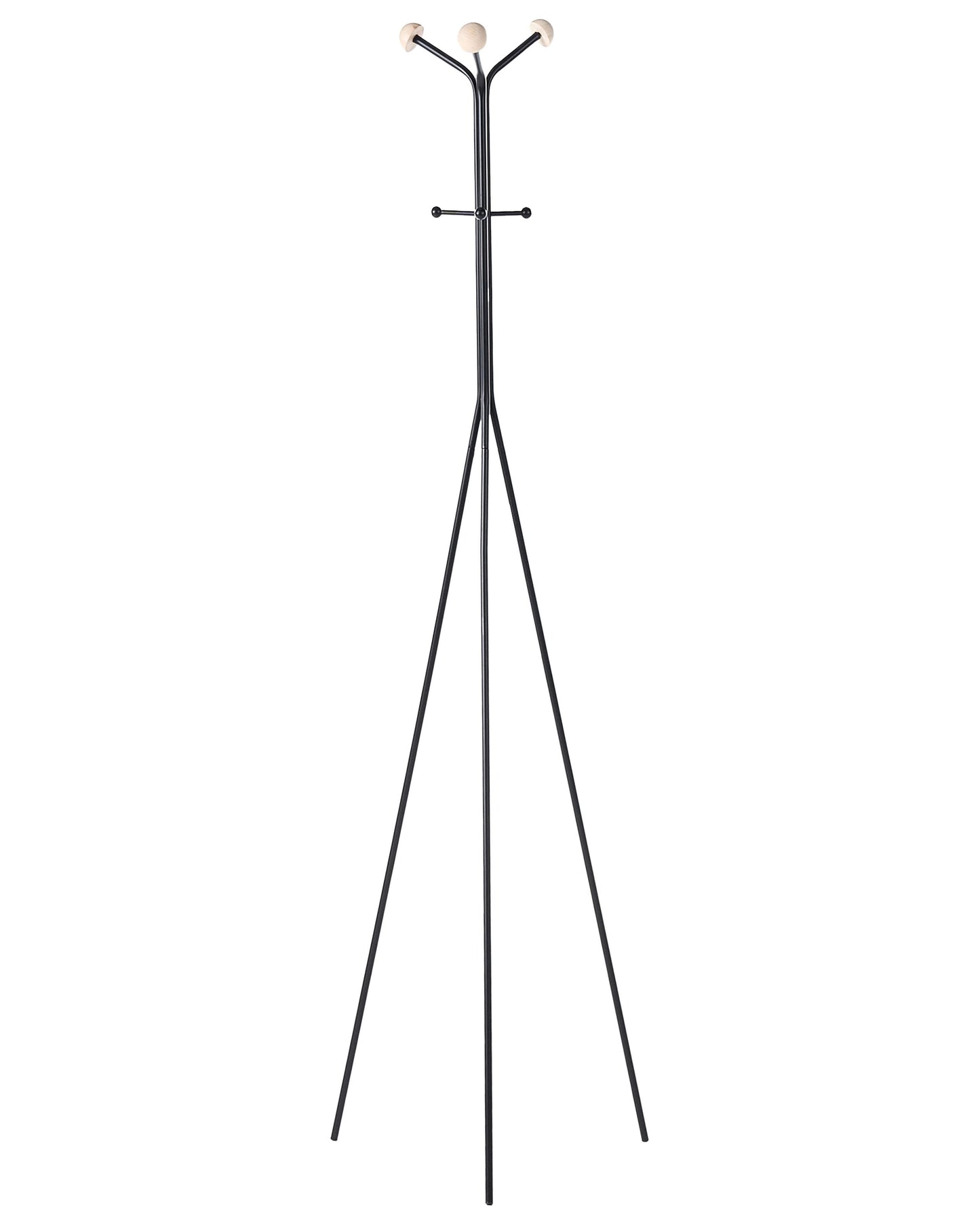 Coat Rack Black Steel 176cm Tripod Wooden Accents 6 Hooks