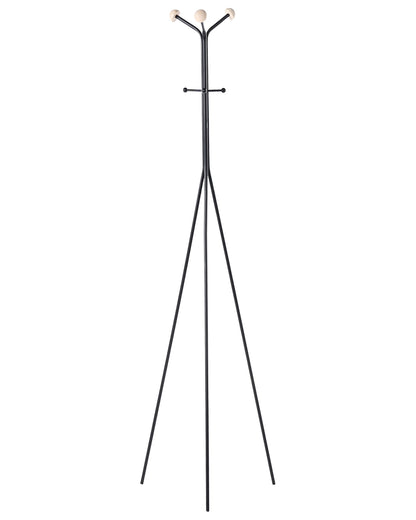 Coat Rack Black Steel 176cm Tripod Wooden Accents 6 Hooks