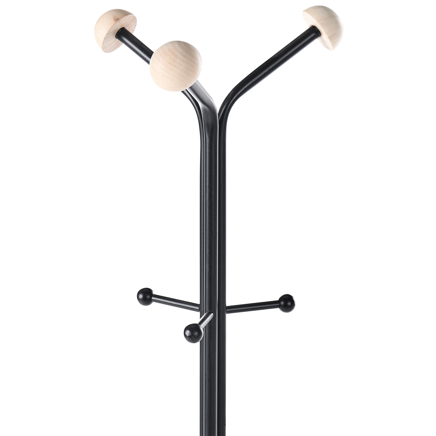Coat Rack Black Steel 176cm Tripod Wooden Accents 6 Hooks