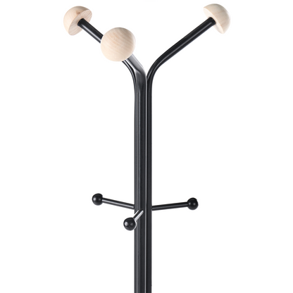 Coat Rack Black Steel 176cm Tripod Wooden Accents 6 Hooks