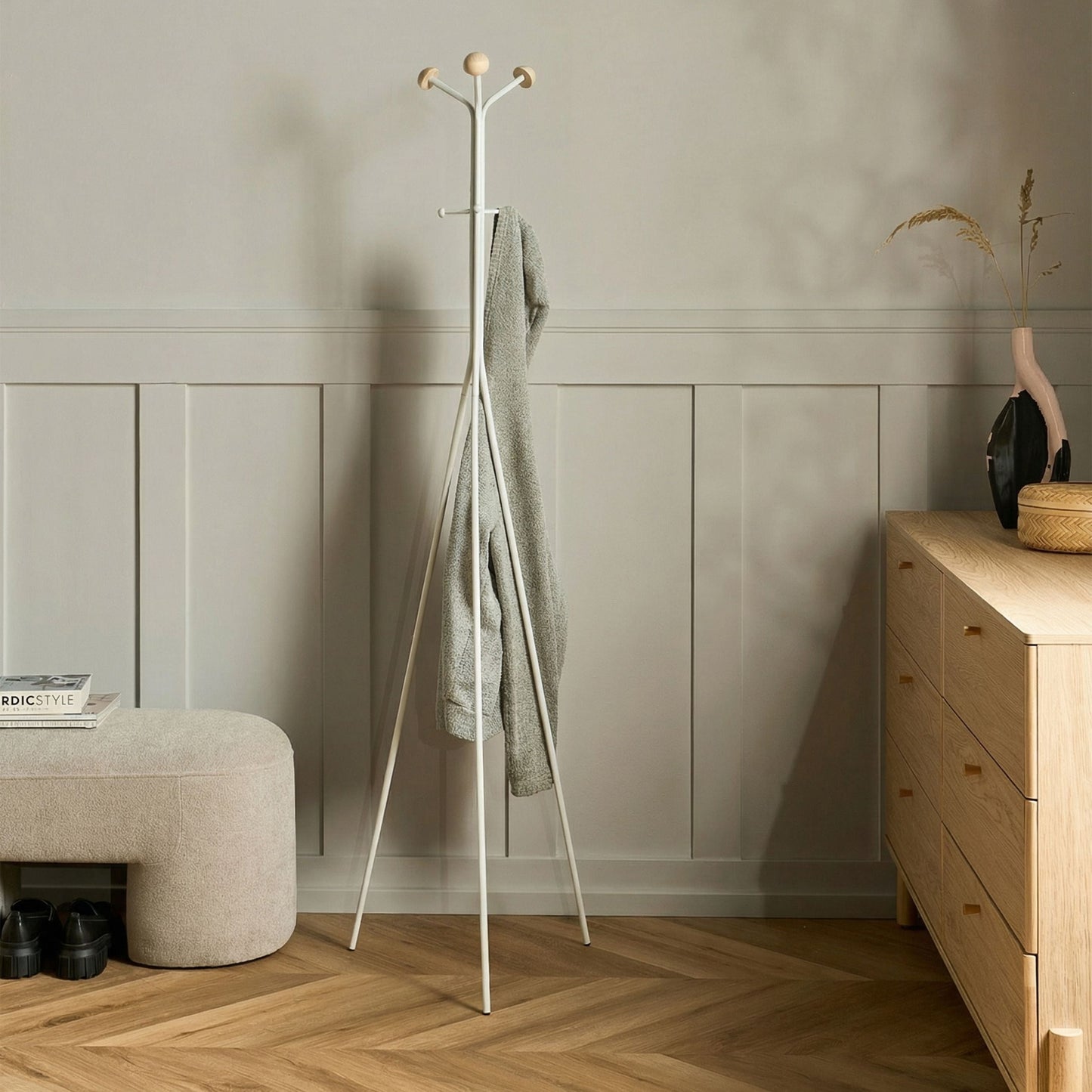 Coat Rack White Steel Freestanding 176 Centimeters With Six Hooks Wooden Accents Modern Hallway