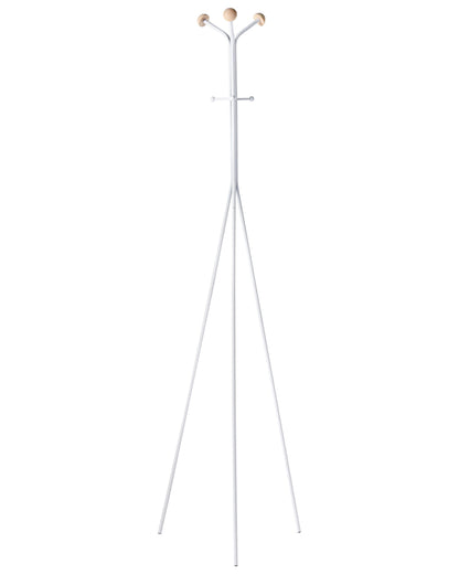 Coat Rack White Steel Freestanding 176 Centimeters With Six Hooks Wooden Accents Modern Hallway