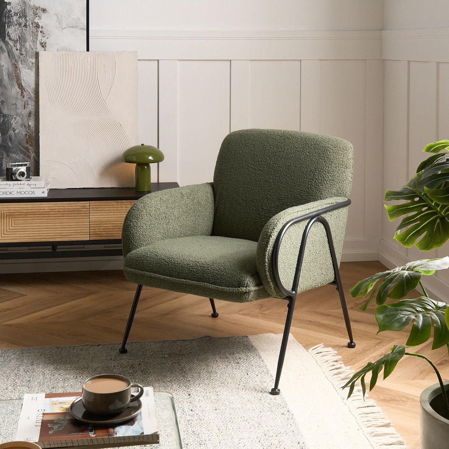 Century Modern Armchair Boucle Upholstery Green With Metal Frame