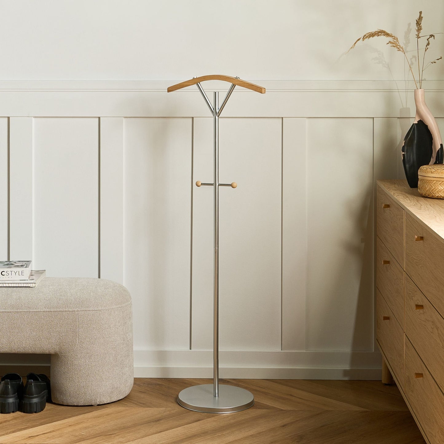 Silver Coat Rack 130cm Freestanding Wooden Accent 3 Hooks