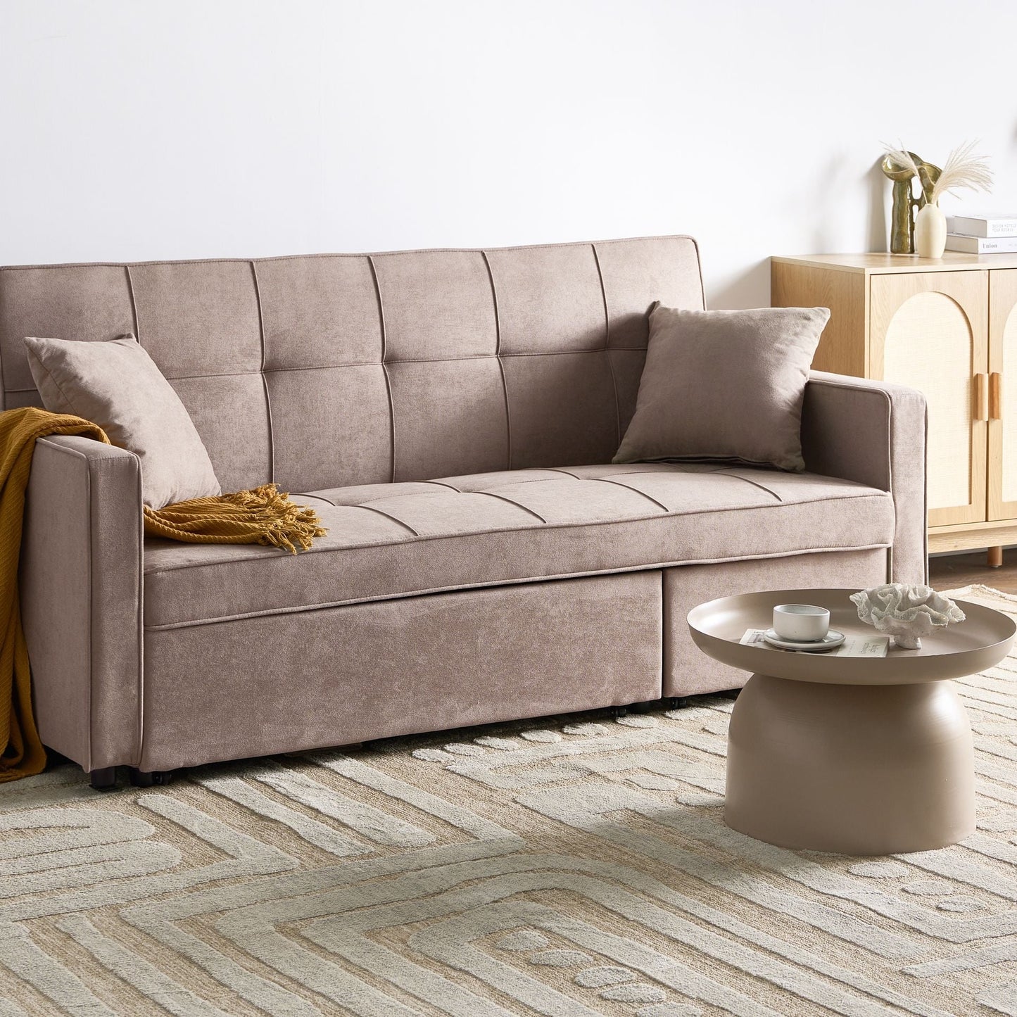 Sofa Bed Taupe Fabric Upholstered With Sleeping Function And Cushions Modern Tufted Living Room