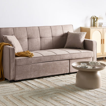 Sofa Bed Taupe Fabric Upholstered With Sleeping Function And Cushions Modern Tufted Living Room