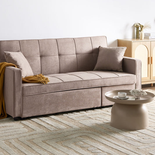 Sofa Bed Taupe Fabric Upholstered With Sleeping Function And Cushions Modern Tufted Living Room