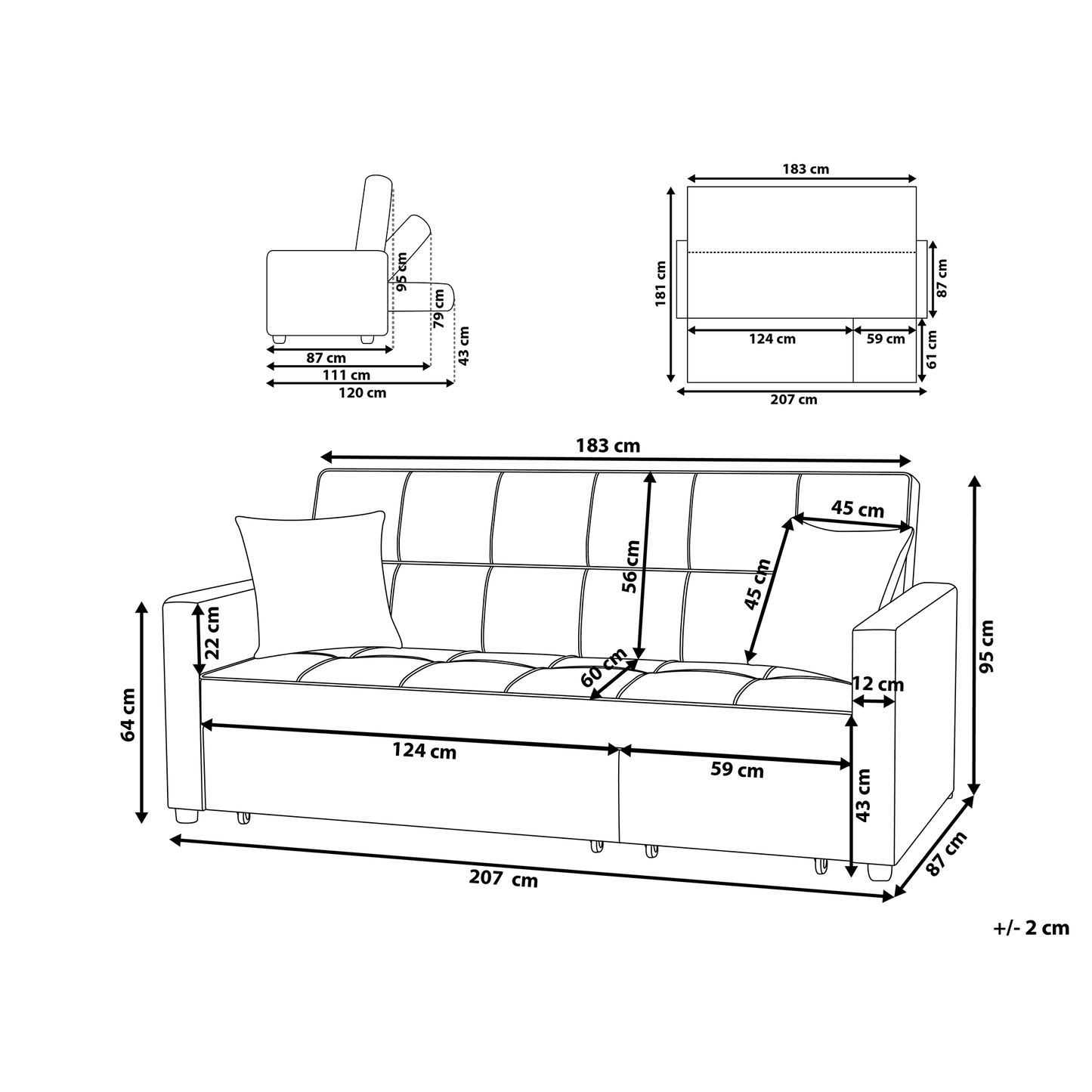 Sofa Bed Taupe Fabric Upholstered With Sleeping Function And Cushions Modern Tufted Living Room