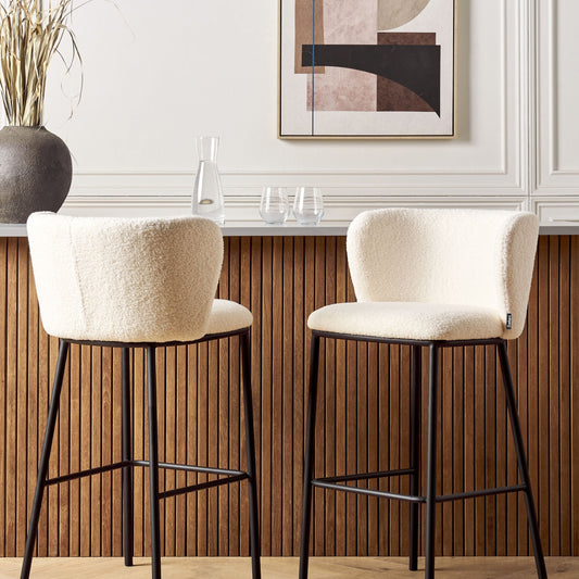 Boucle Bar Chairs Set 2 Upholstery Black Metal Legs Curved Backrest