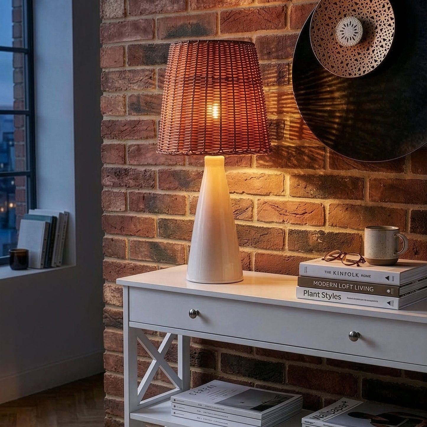 White Ceramic Table Lamp With Rattan Shade