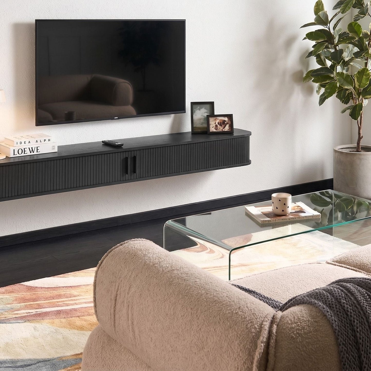 Venner Wall Mounted TV Stand Black Slatted Fronts Sliding Doors