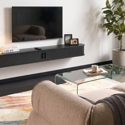 Venner Wall Mounted TV Stand Black Slatted Fronts Sliding Doors