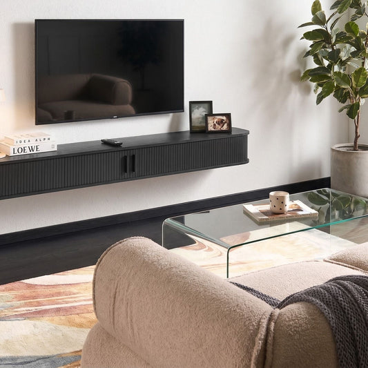 Venner Wall Mounted TV Stand Black Slatted Fronts Sliding Doors