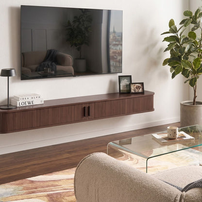 Venner Wall Mounted TV Stand Dark Brown Sliding Doors Cabinet