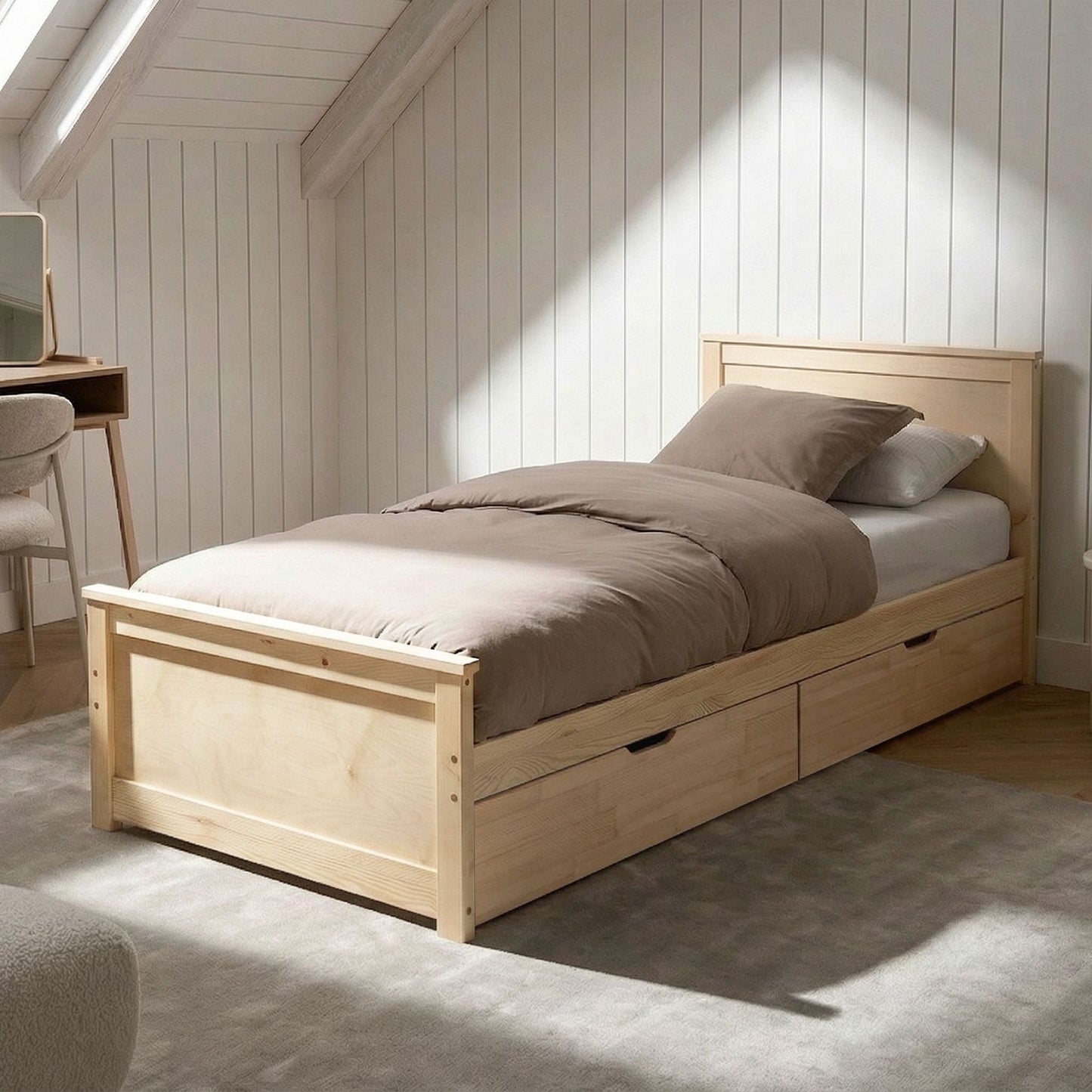 NordicLuxe Storage Bed With 4 Drawers Headboard Scandinavian Natural Pine EU Single 3ft