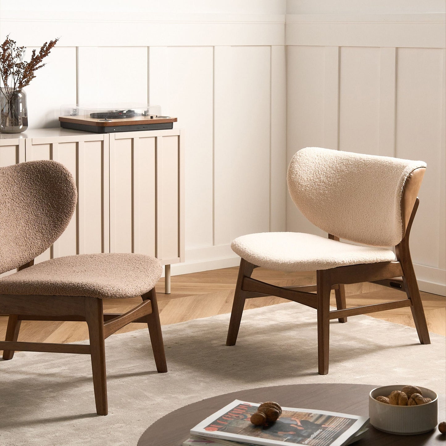 Arcadia Home Two Tone Boucle Armchair With Rubberwood Legs Brown Beige Retro Traditional