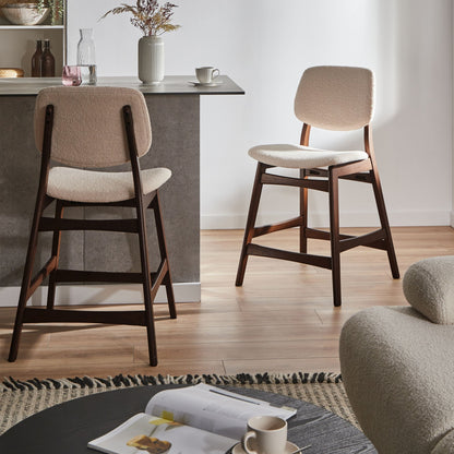 Set Of 2 Brown Rubberwood Bar Chairs With Beige Boucle Seats