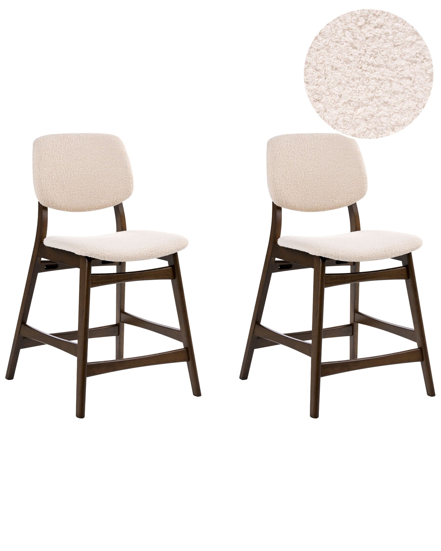 Set Of 2 Brown Rubberwood Bar Chairs With Beige Boucle Seats