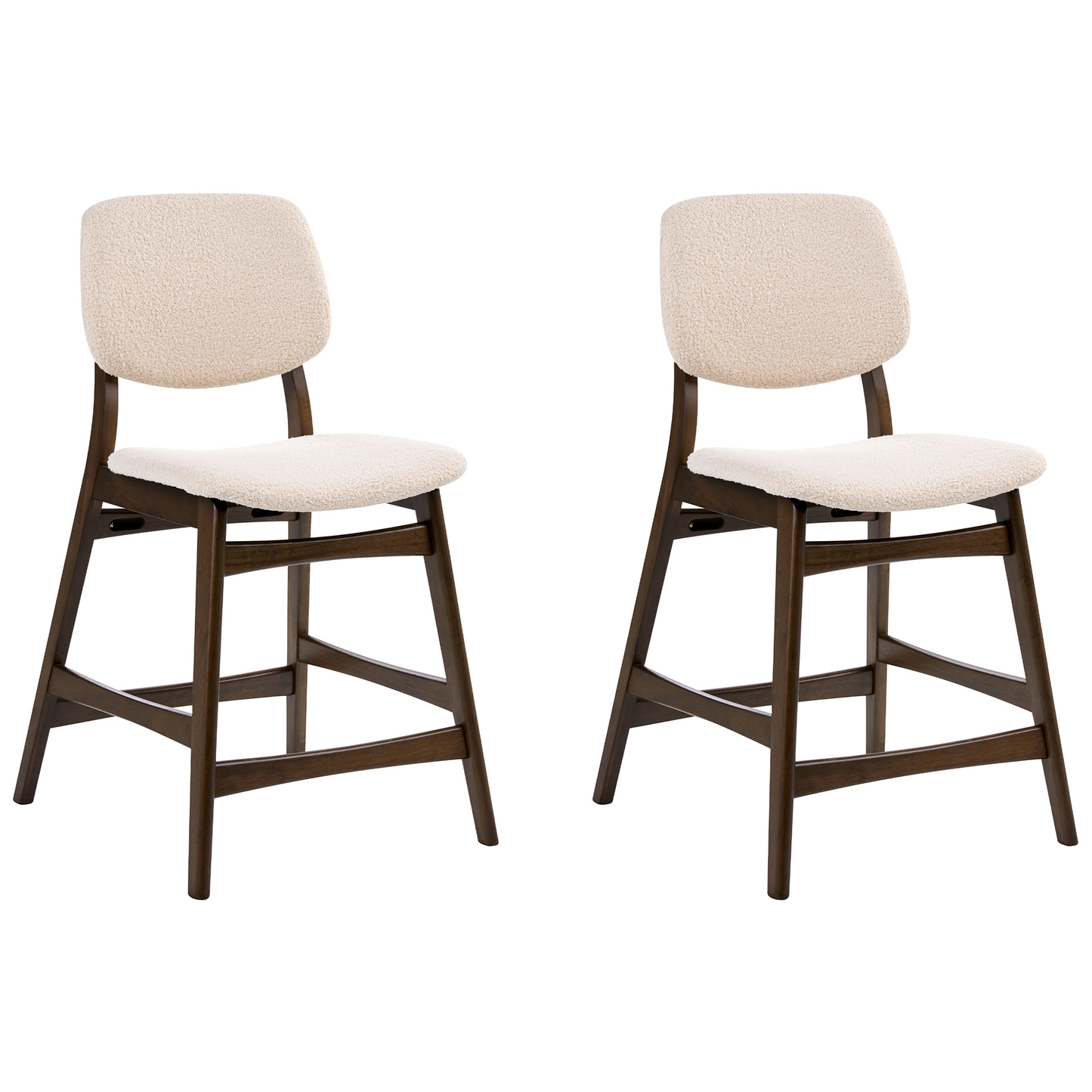 Set Of 2 Brown Rubberwood Bar Chairs With Beige Boucle Seats