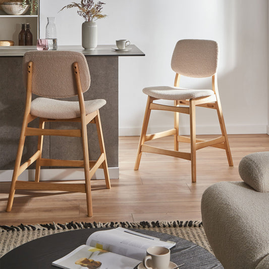 Lumira Home Set of 2 Bar Chairs Light Brown Rubberwood Frame Beige Boucle Seat Armless Retro