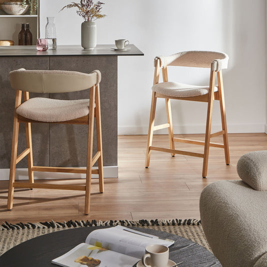 Bar Chairs Boucle Upholstery Light Brown Beige Rubberwood Legs Retro Traditional