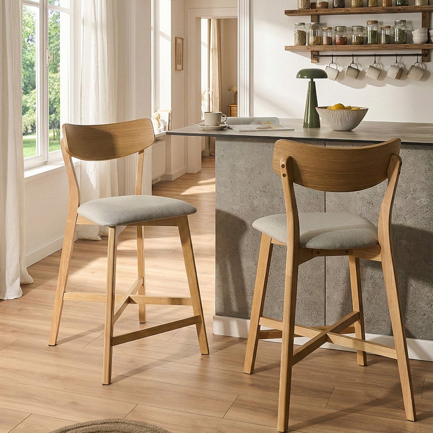 Bar Chairs Set of 2 Light Brown Grey Rubberwood Fabric Retro