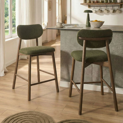 Boucle Two Brown Green Bar Chairs Set With Boucle Upholstery