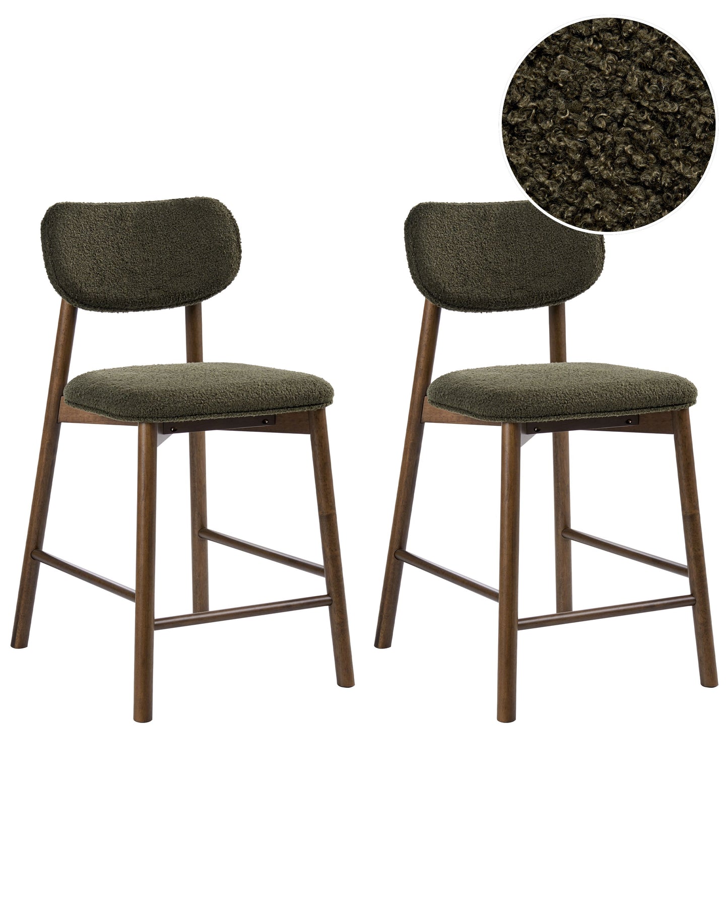 Boucle Two Brown Green Bar Chairs Set With Boucle Upholstery